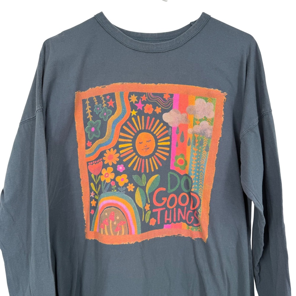 Natural Life Do Good Things Tee Women Small Grey Long Sleeve Boho Graphic Shirt